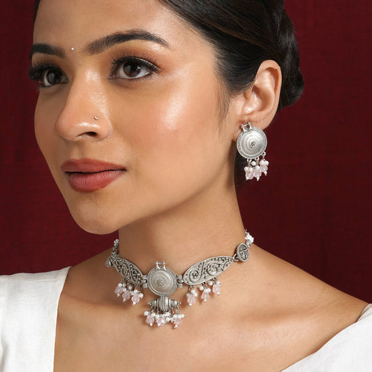 Teejh Cera Silver Oxidised Pastel Pink  Necklace Set