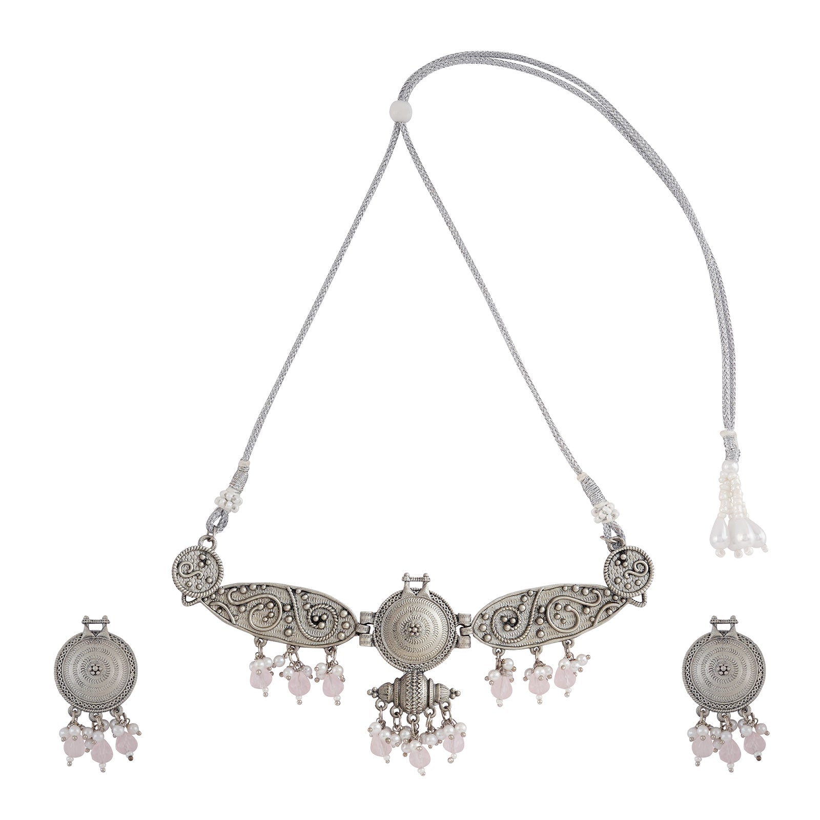Teejh Cera Silver Oxidised Pastel Pink  Necklace Set