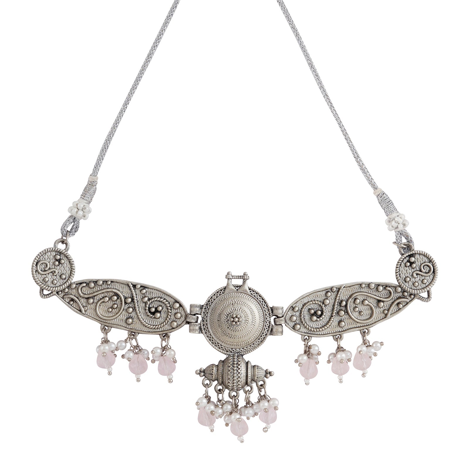 Teejh Cera Silver Oxidised Pastel Pink  Necklace Set