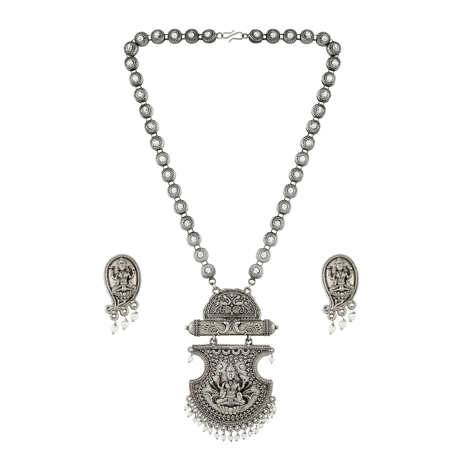 Teejh Maitraka Silver Oxidised White Necklace Set