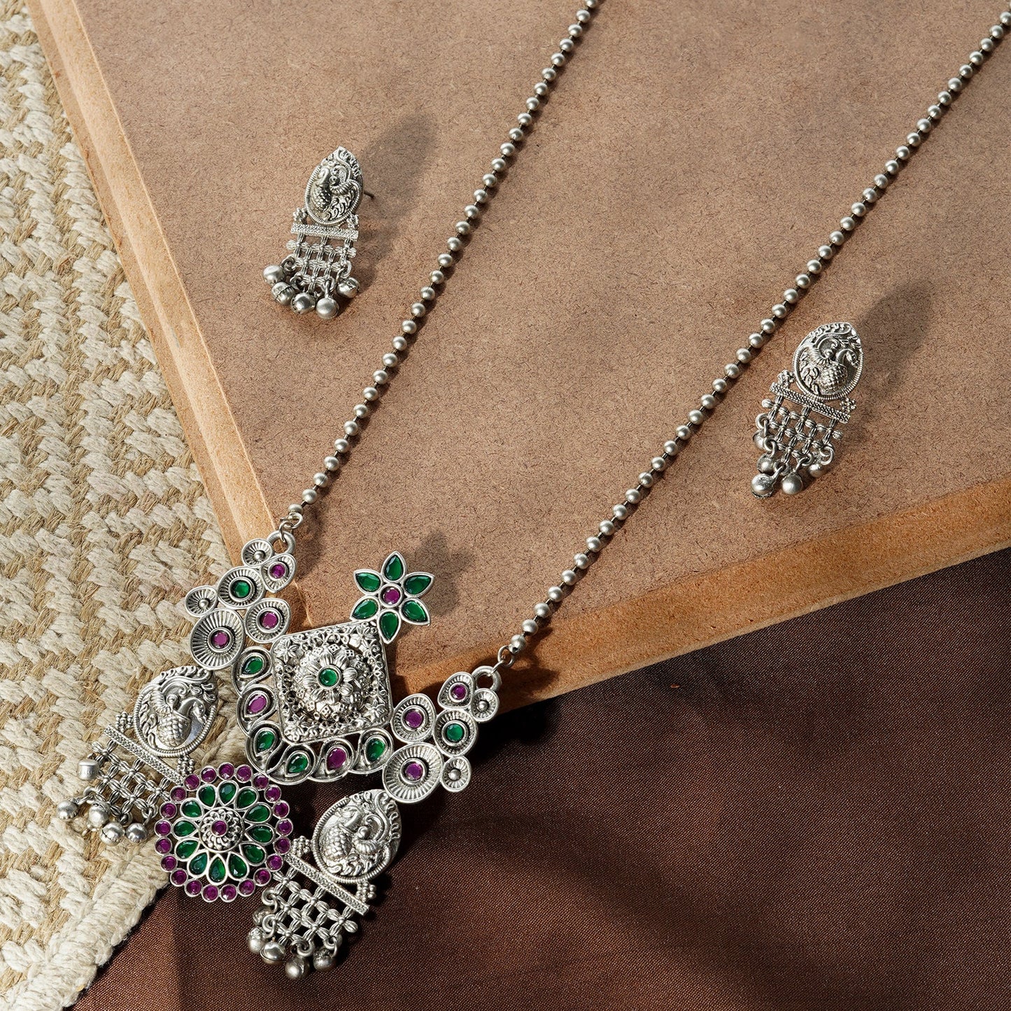 Teejh Nanda Silver Oxidised Ruby Green Necklace Set