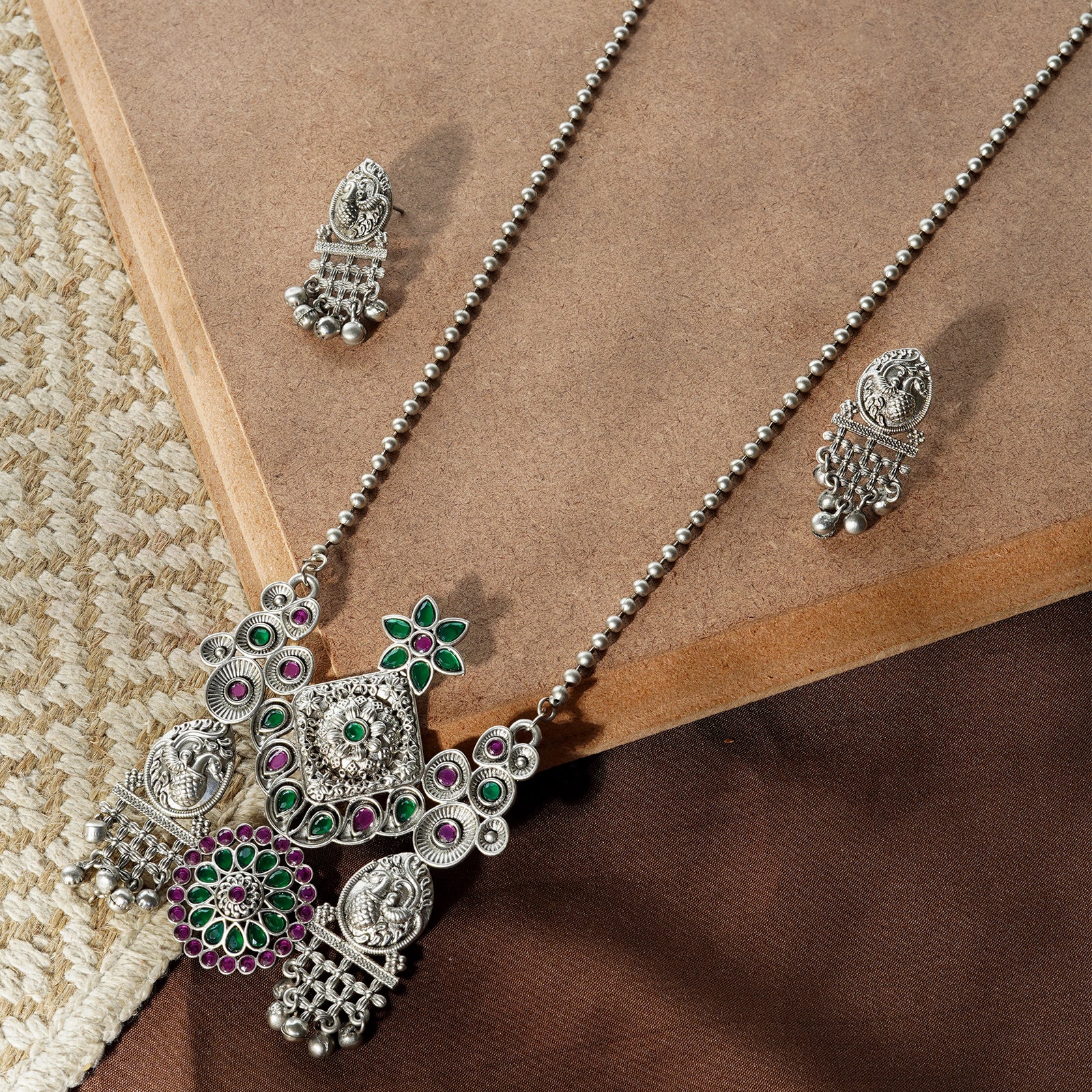 Teejh Nanda Silver Oxidised Ruby Green Necklace Set
