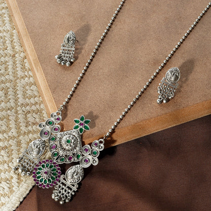 Teejh Nanda Silver Oxidised Ruby Green Necklace Set