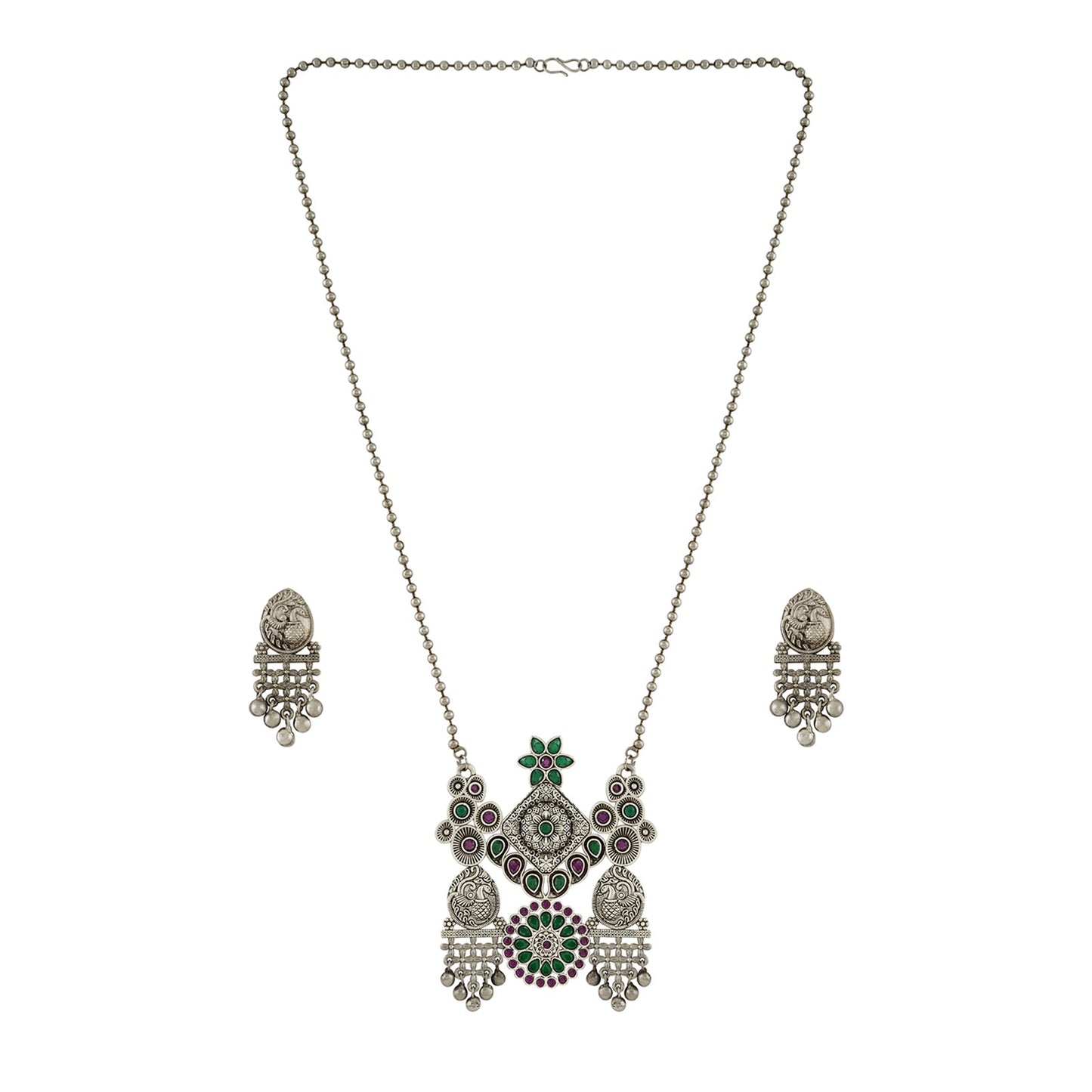 Teejh Nanda Silver Oxidised Ruby Green Necklace Set