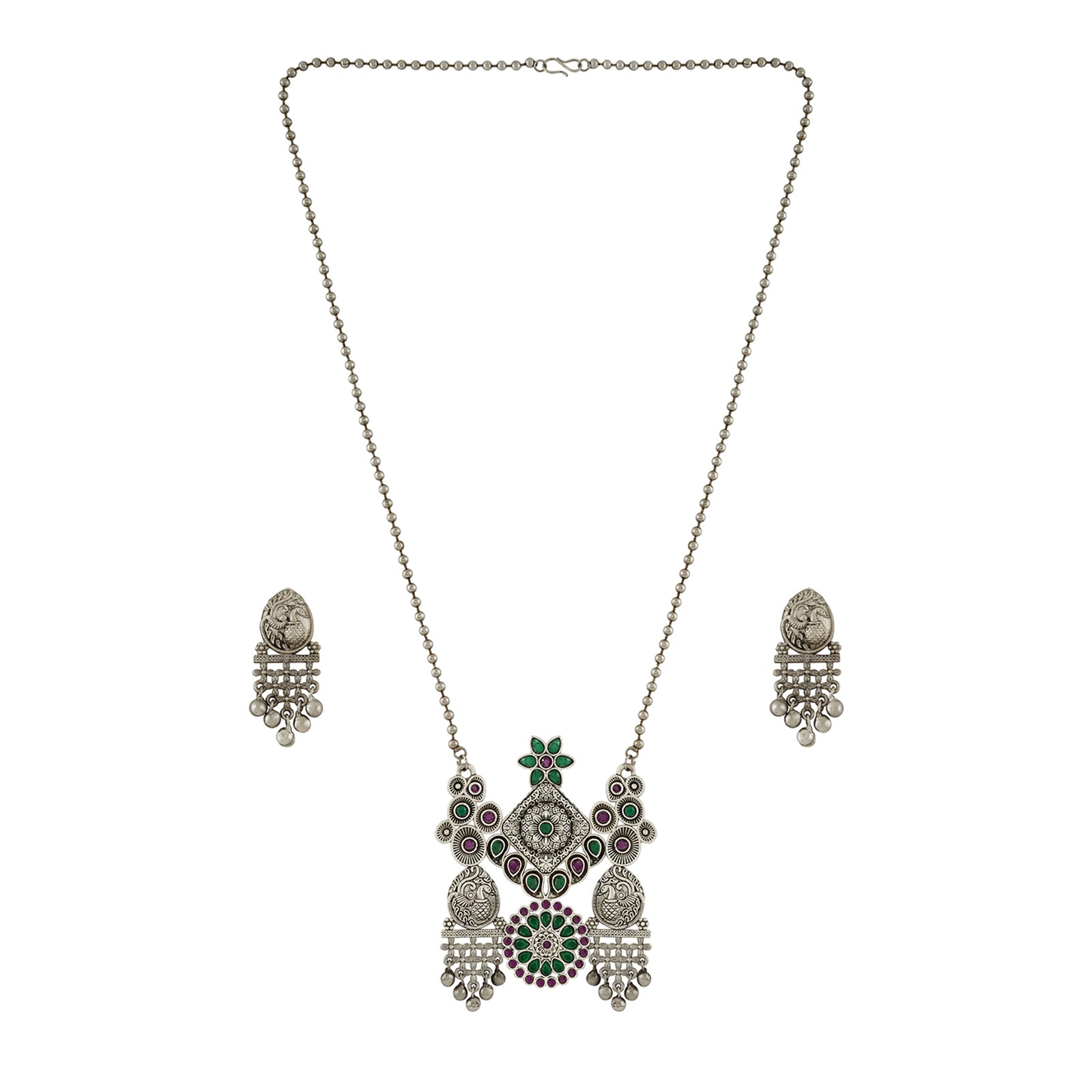 Teejh Nanda Silver Oxidised Ruby Green Necklace Set