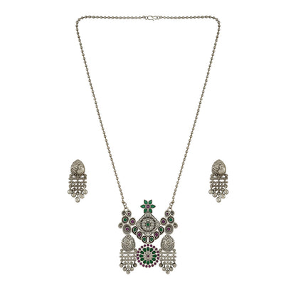Teejh Nanda Silver Oxidised Ruby Green Necklace Set