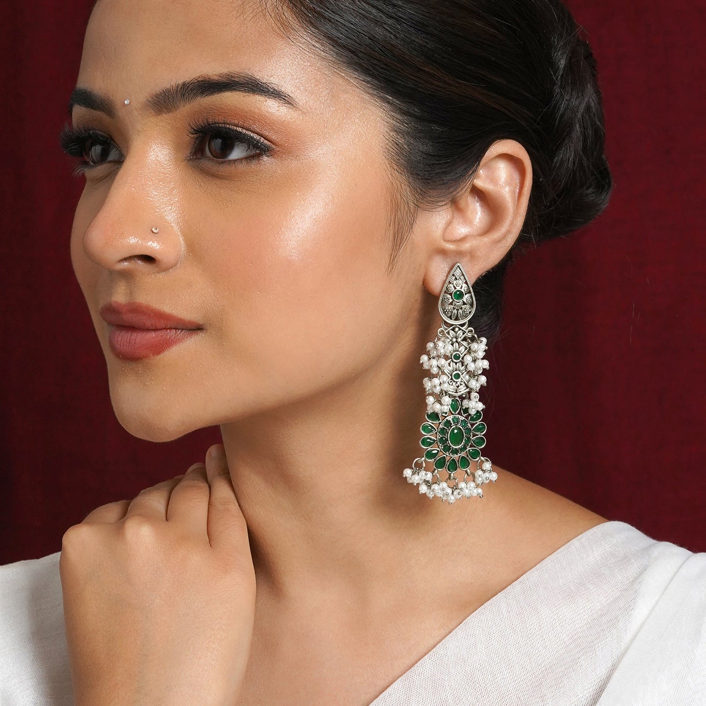Teejh Sindhia Silver Oxidised Green Earrings