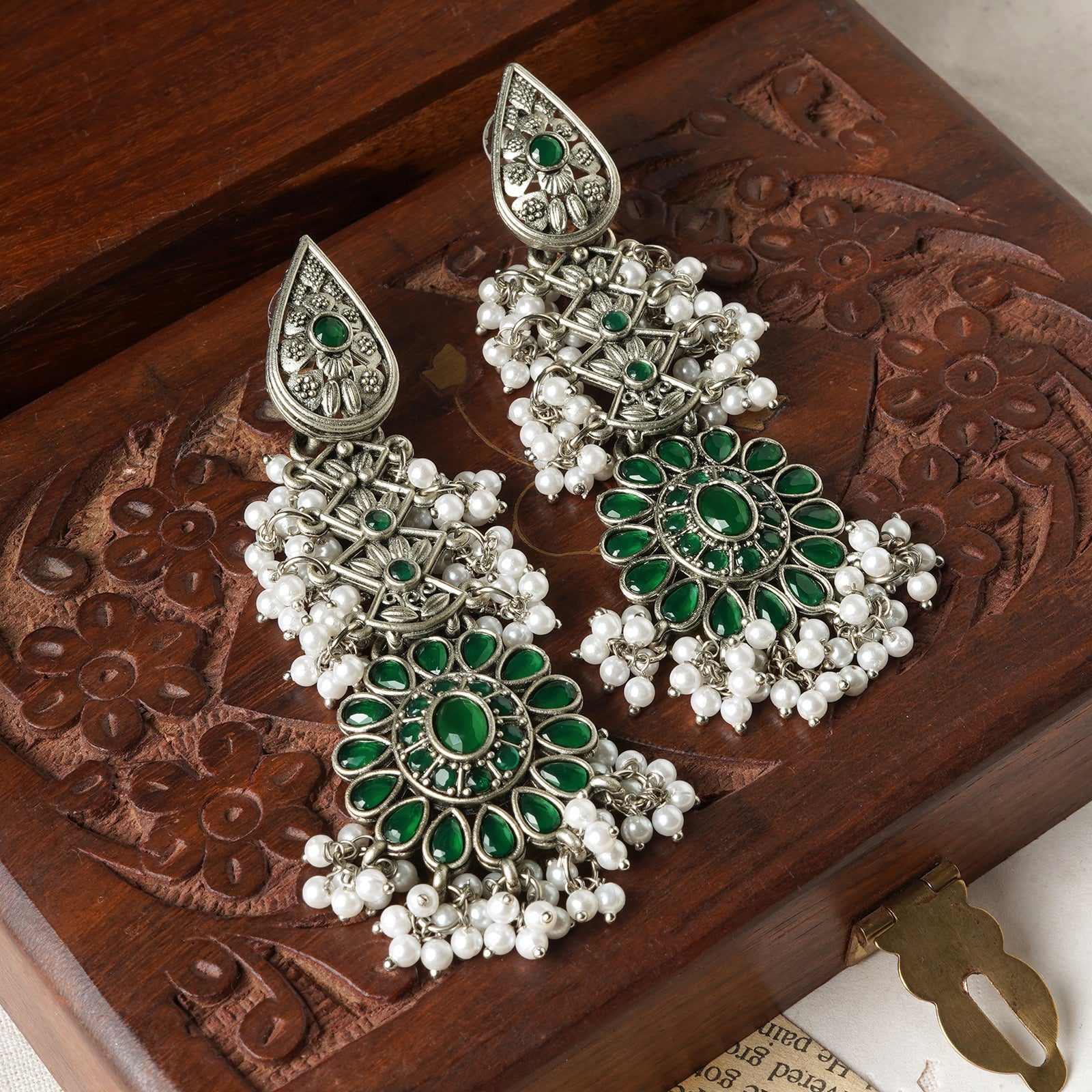Teejh Sindhia Silver Oxidised Green Earrings