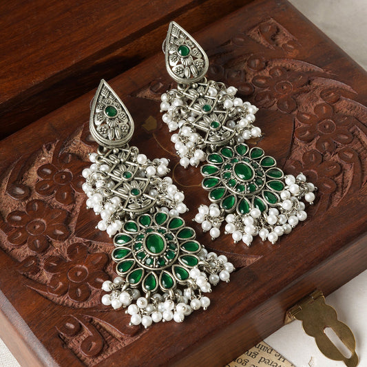 Teejh Sindhia Silver Oxidised Green Earrings