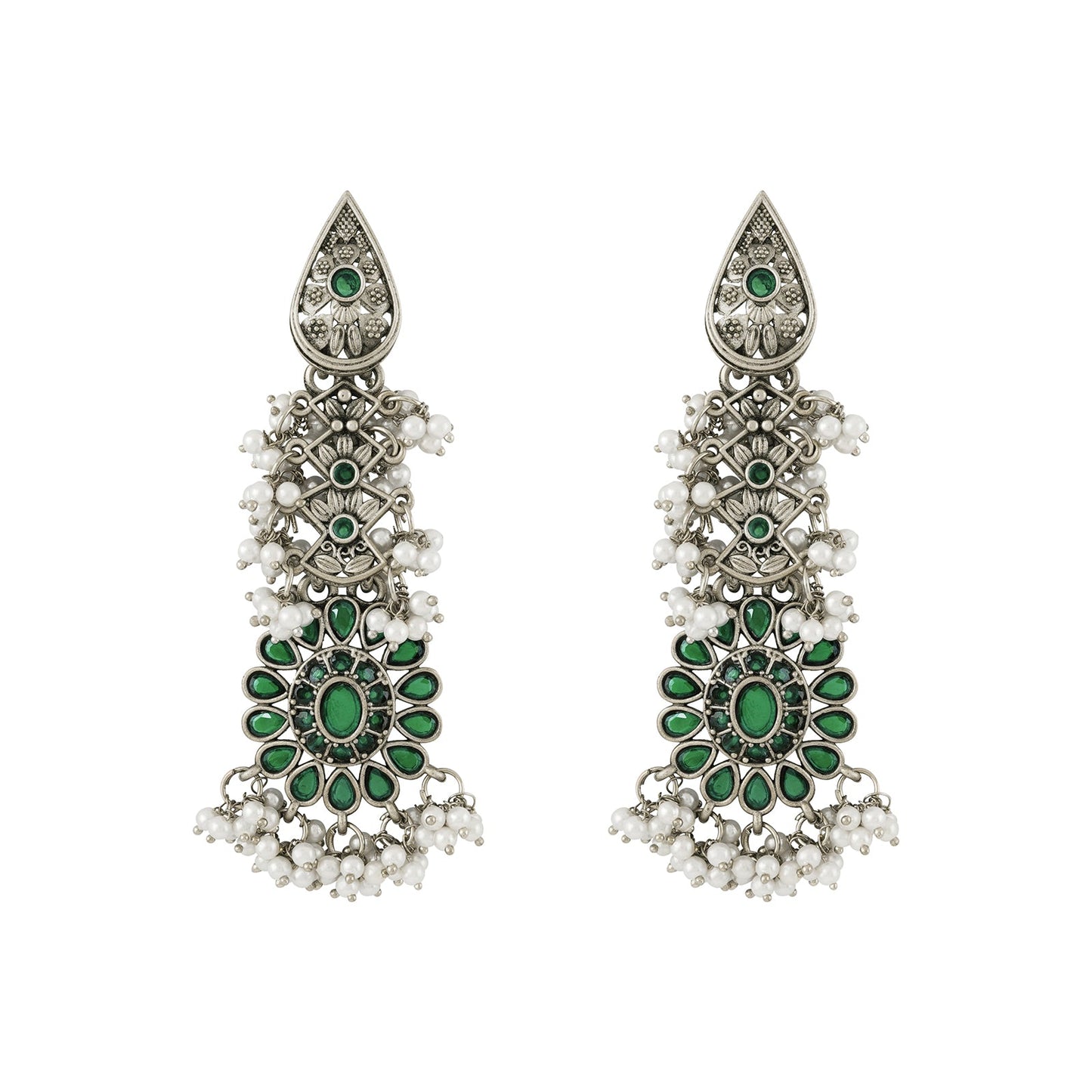 Teejh Sindhia Silver Oxidised Green Earrings