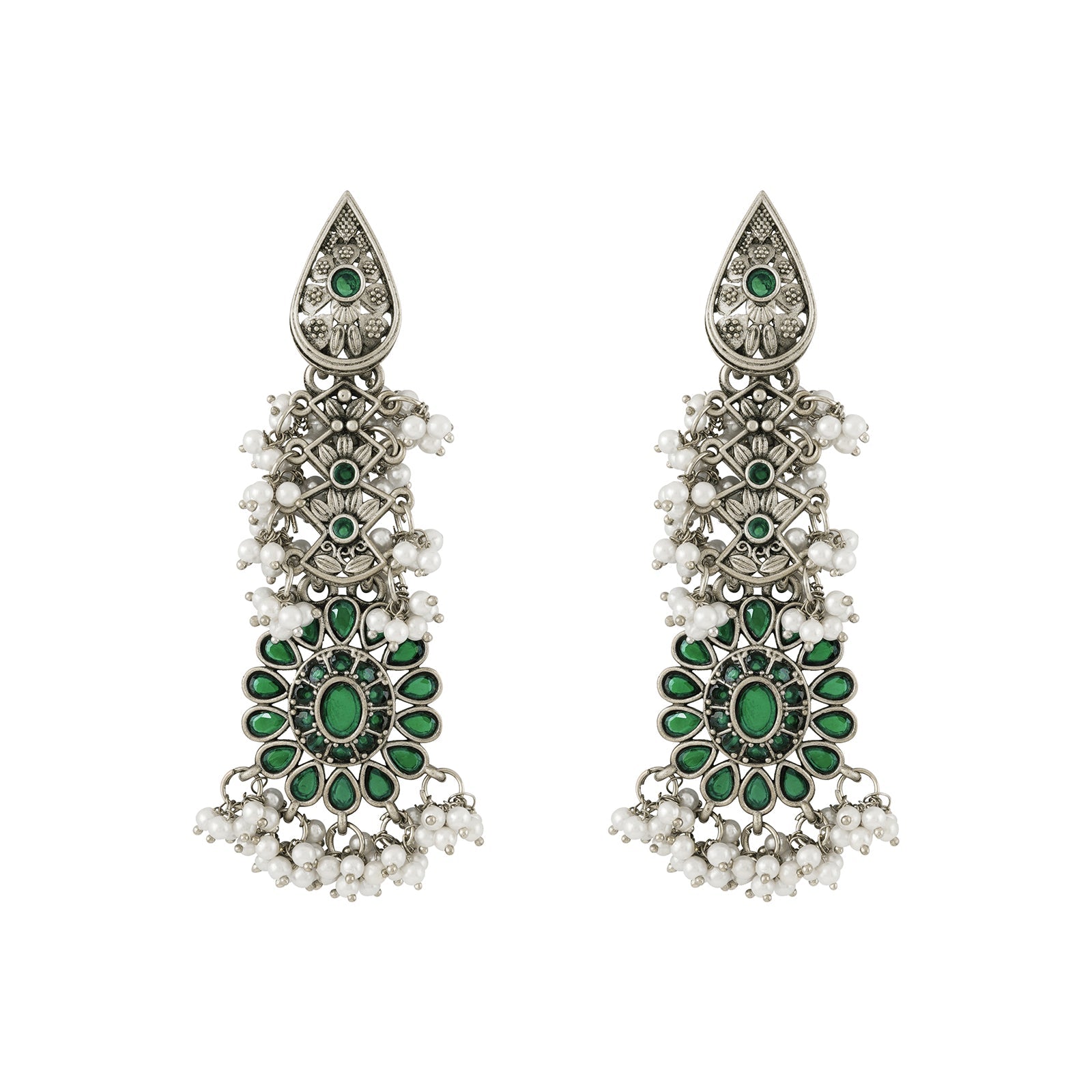 Teejh Sindhia Silver Oxidised Green Earrings