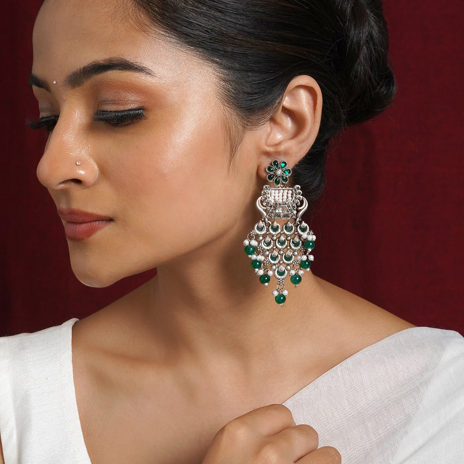 Teejh Kandahari Silver Oxidised Green Earring