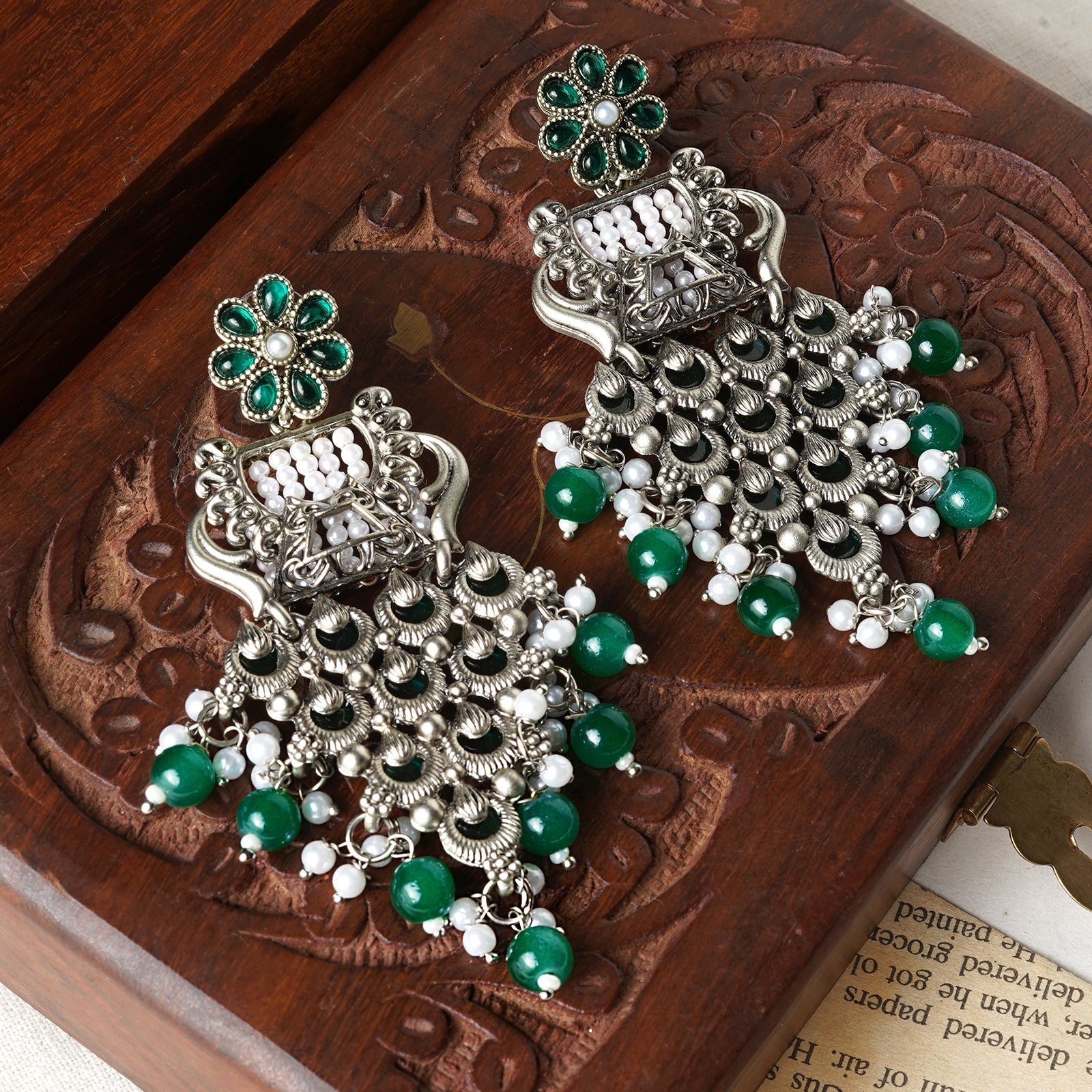 Teejh Kandahari Silver Oxidised Green Earring