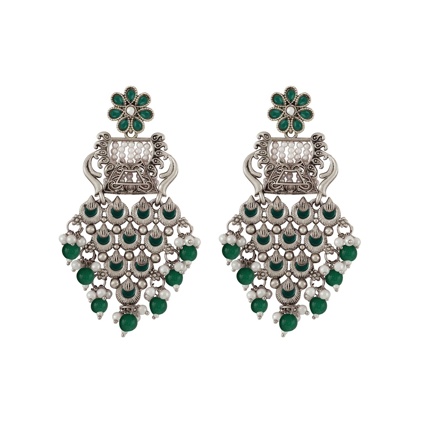 Teejh Kandahari Silver Oxidised Green Earring