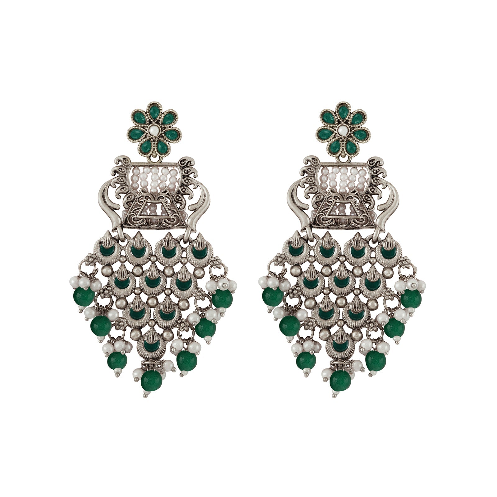 Teejh Kandahari Silver Oxidised Green Earring