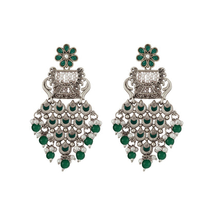 Teejh Kandahari Silver Oxidised Green Earring