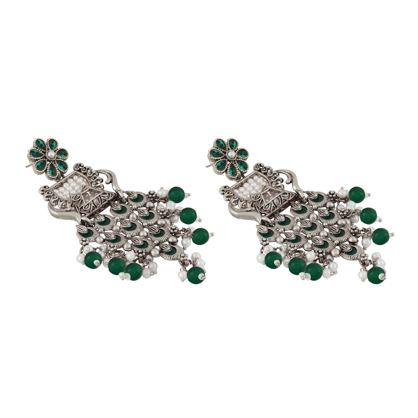 Teejh Kandahari Silver Oxidised Green Earring