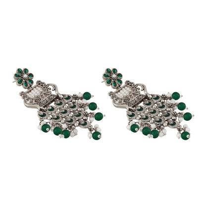 Teejh Kandahari Silver Oxidised Green Earring