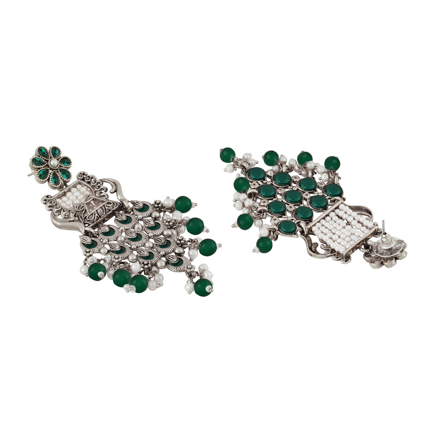 Teejh Kandahari Silver Oxidised Green Earring