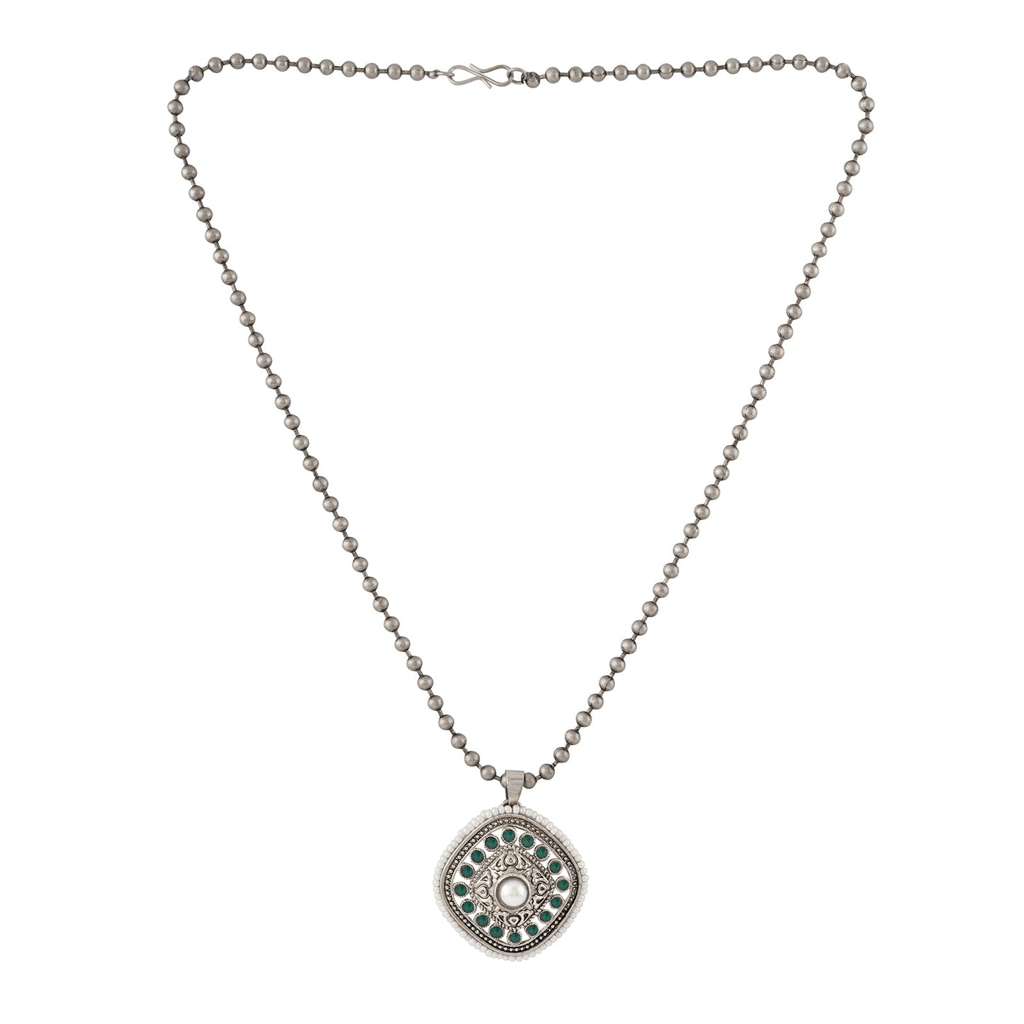 Teejh Ahilyabai Silver Oxidised Green Pendant Chain