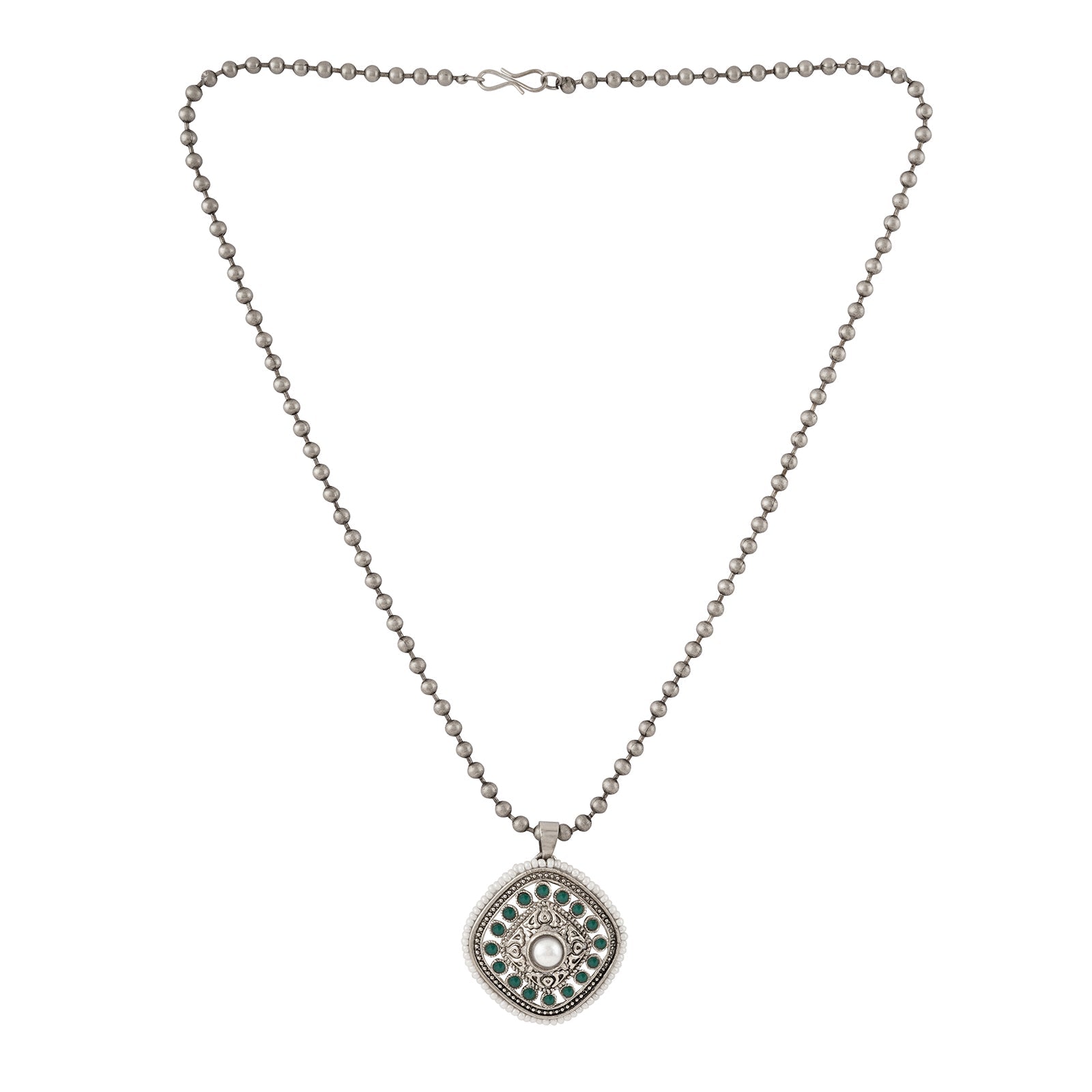 Teejh Ahilyabai Silver Oxidised Green Pendant Chain