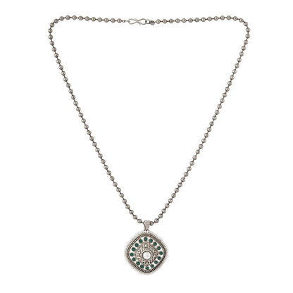 Teejh Ahilyabai Silver Oxidised Green Pendant Chain