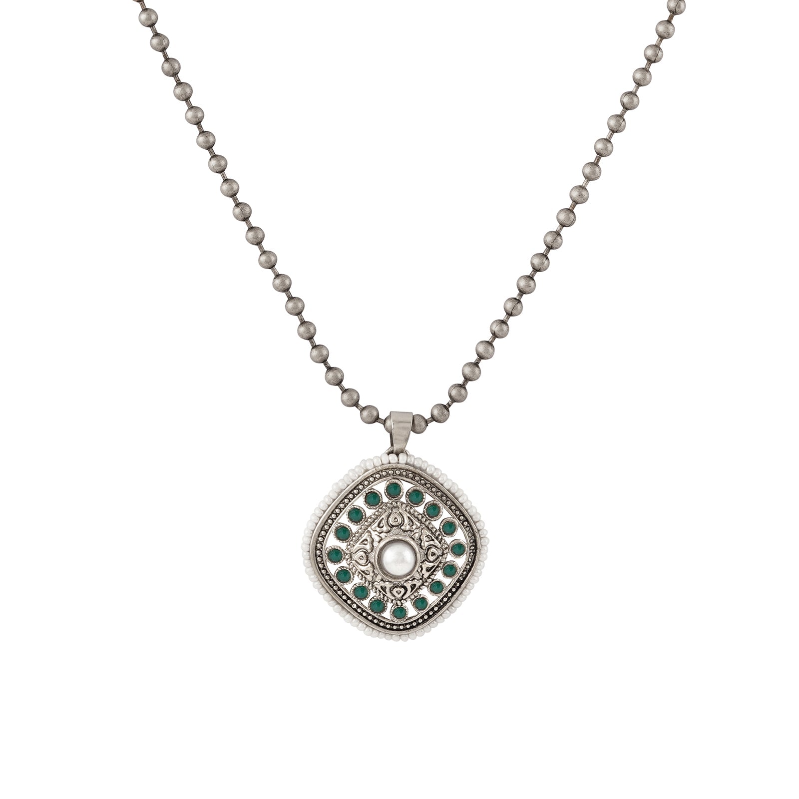 Teejh Ahilyabai Silver Oxidised Green Pendant Chain