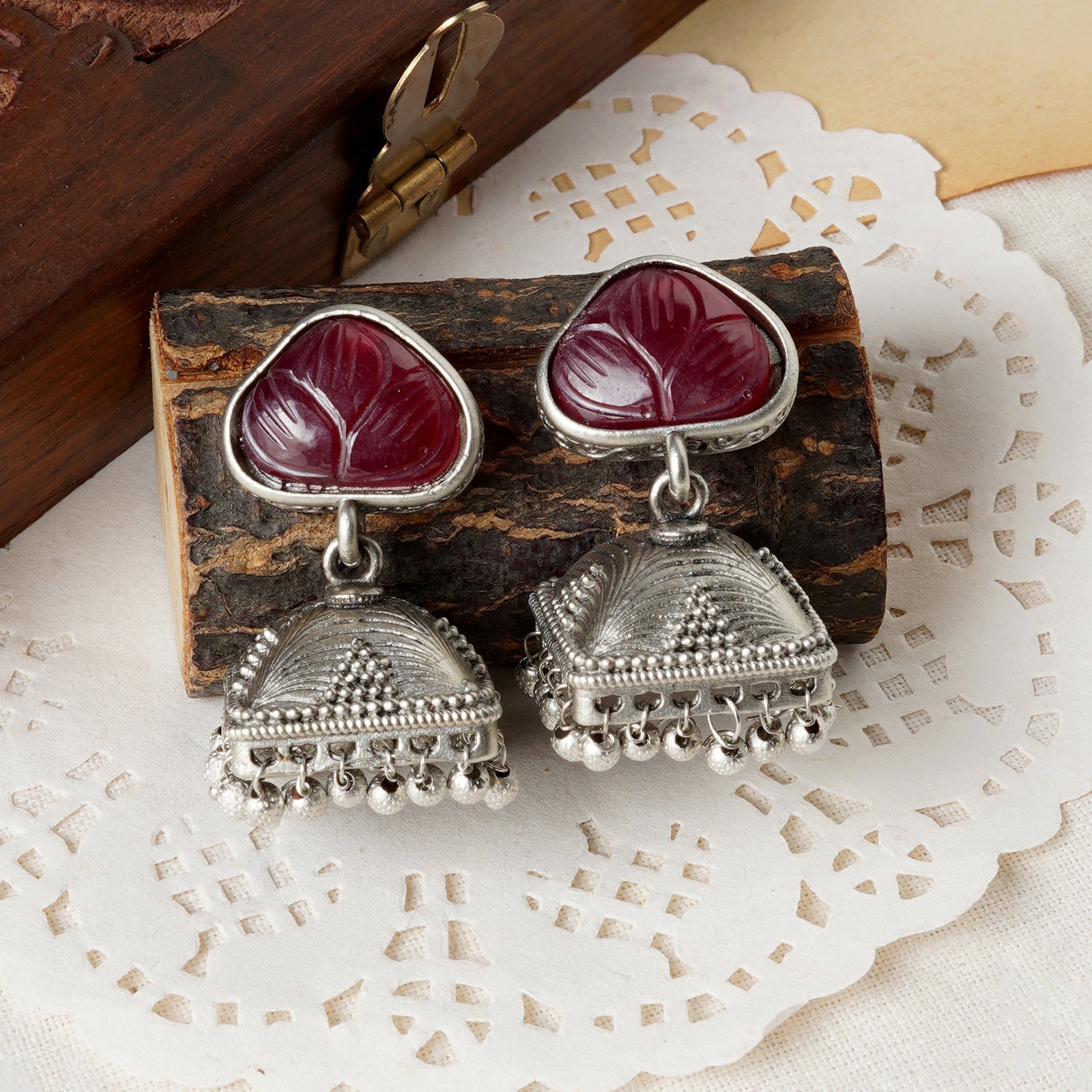 Teejh Jijabai Silver Oxidised Ruby Earring