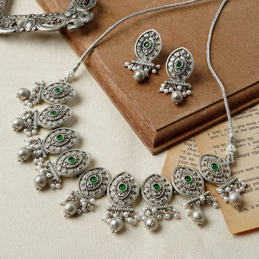 Teejh Pratima Silver Oxidised Green Necklace Set