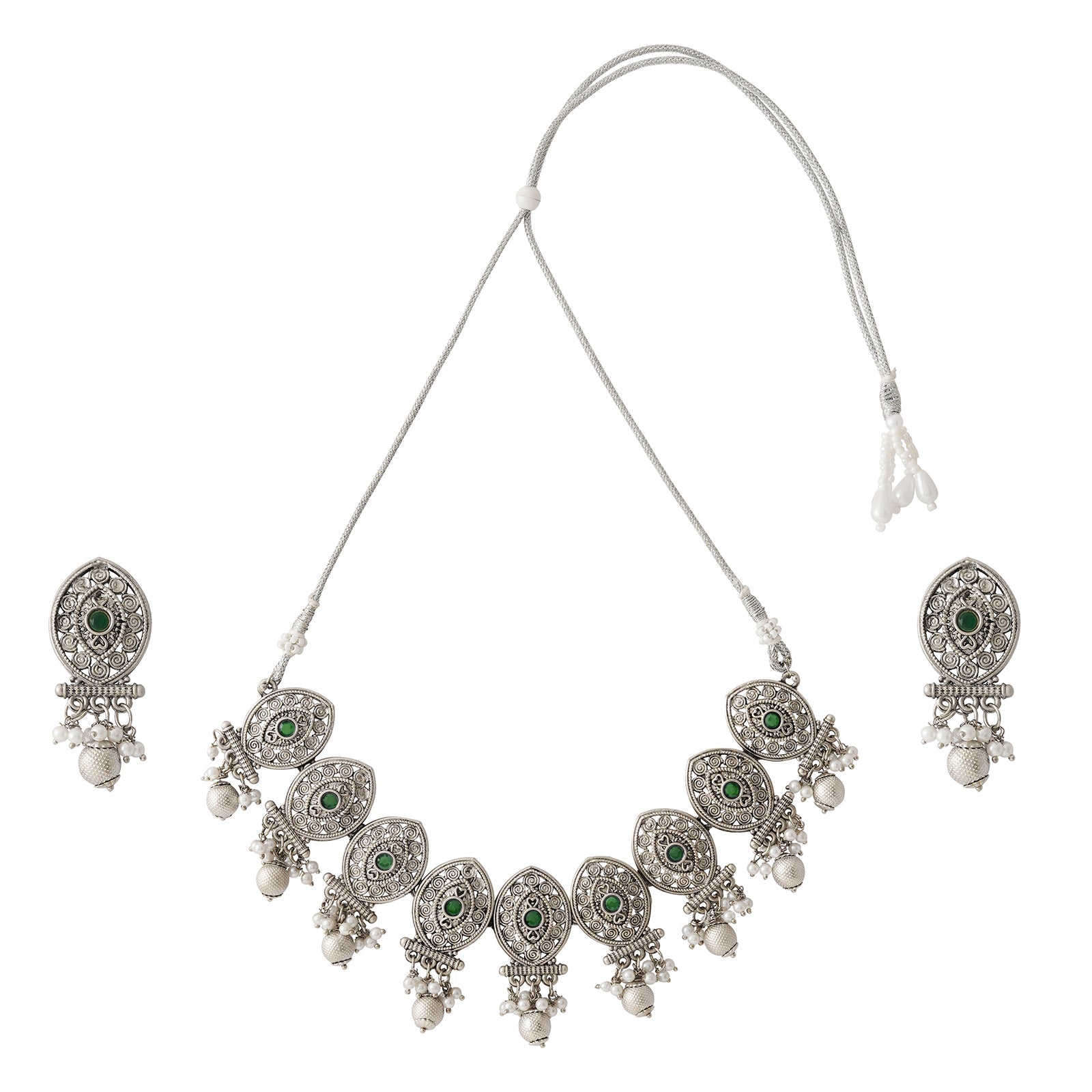 Teejh Pratima Silver Oxidised Green Necklace Set