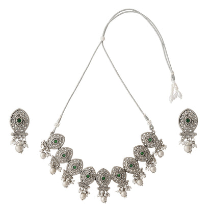 Teejh Pratima Silver Oxidised Green Necklace Set