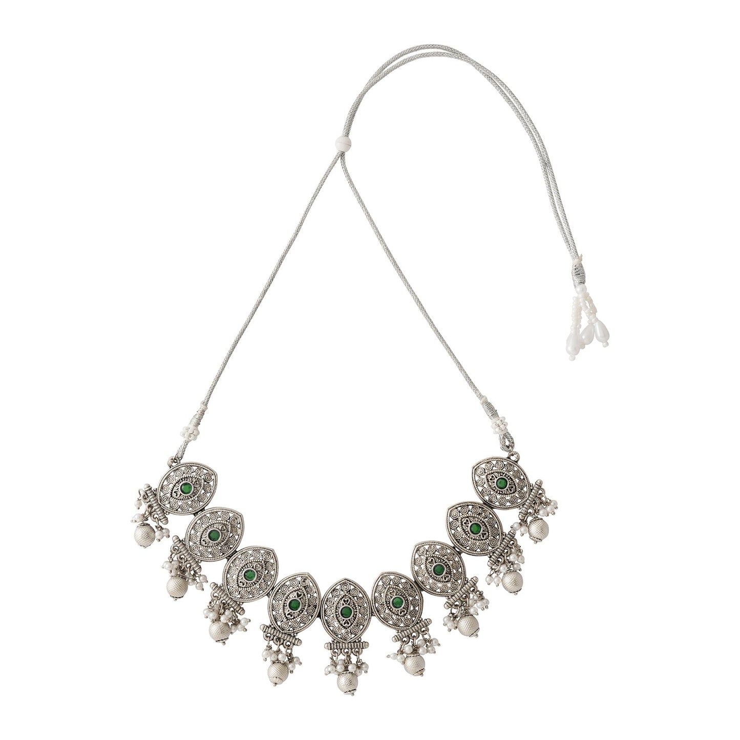 Teejh Pratima Silver Oxidised Green Necklace Set