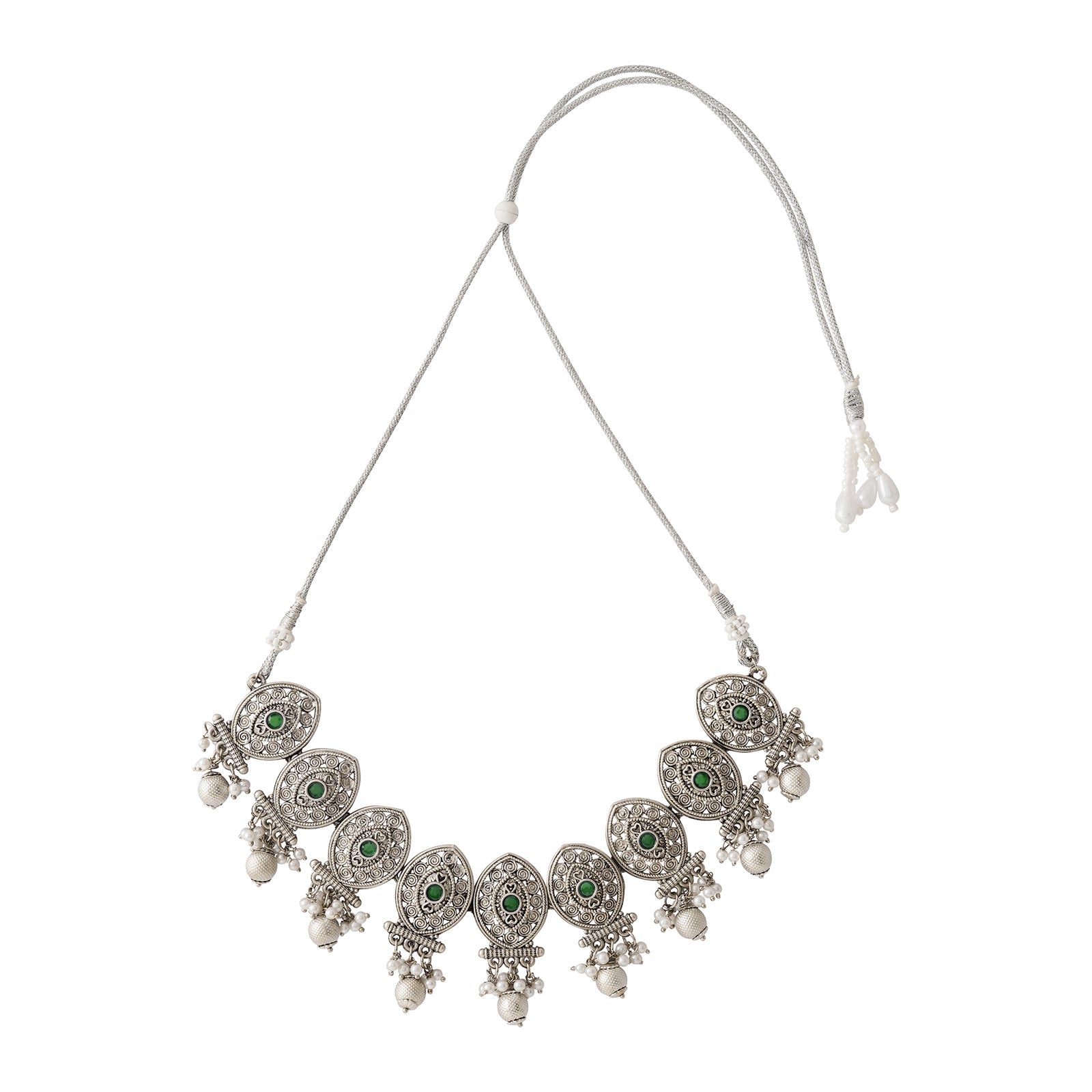 Teejh Pratima Silver Oxidised Green Necklace Set