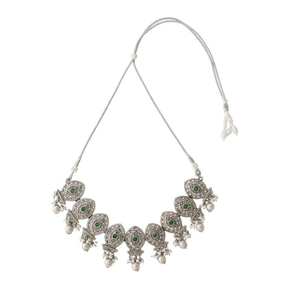 Teejh Pratima Silver Oxidised Green Necklace Set