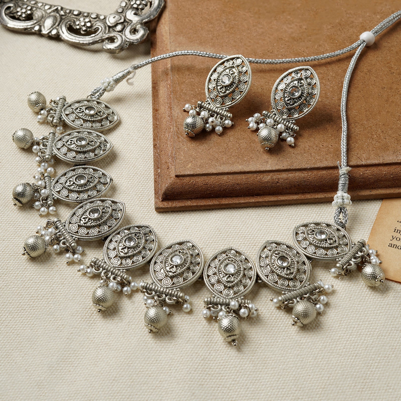 Teejh Prabhavati Silver Oxidised White Necklace Set