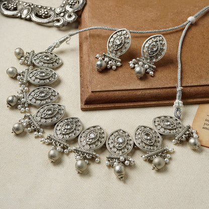 Teejh Prabhavati Silver Oxidised White Necklace Set