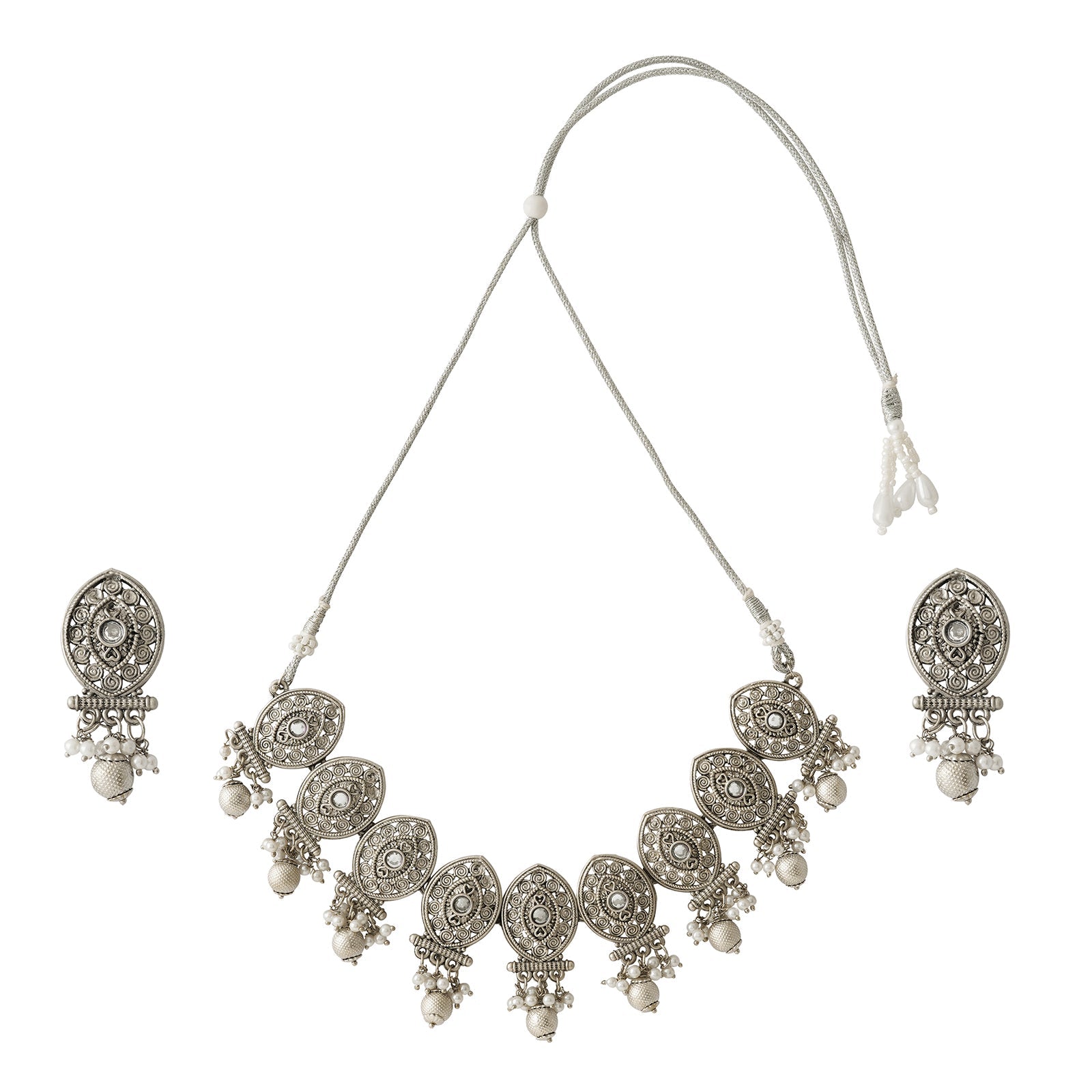 Teejh Prabhavati Silver Oxidised White Necklace Set
