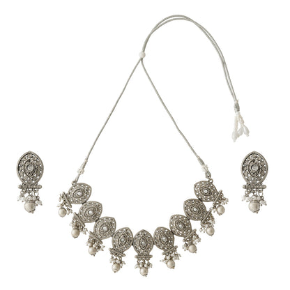 Teejh Prabhavati Silver Oxidised White Necklace Set