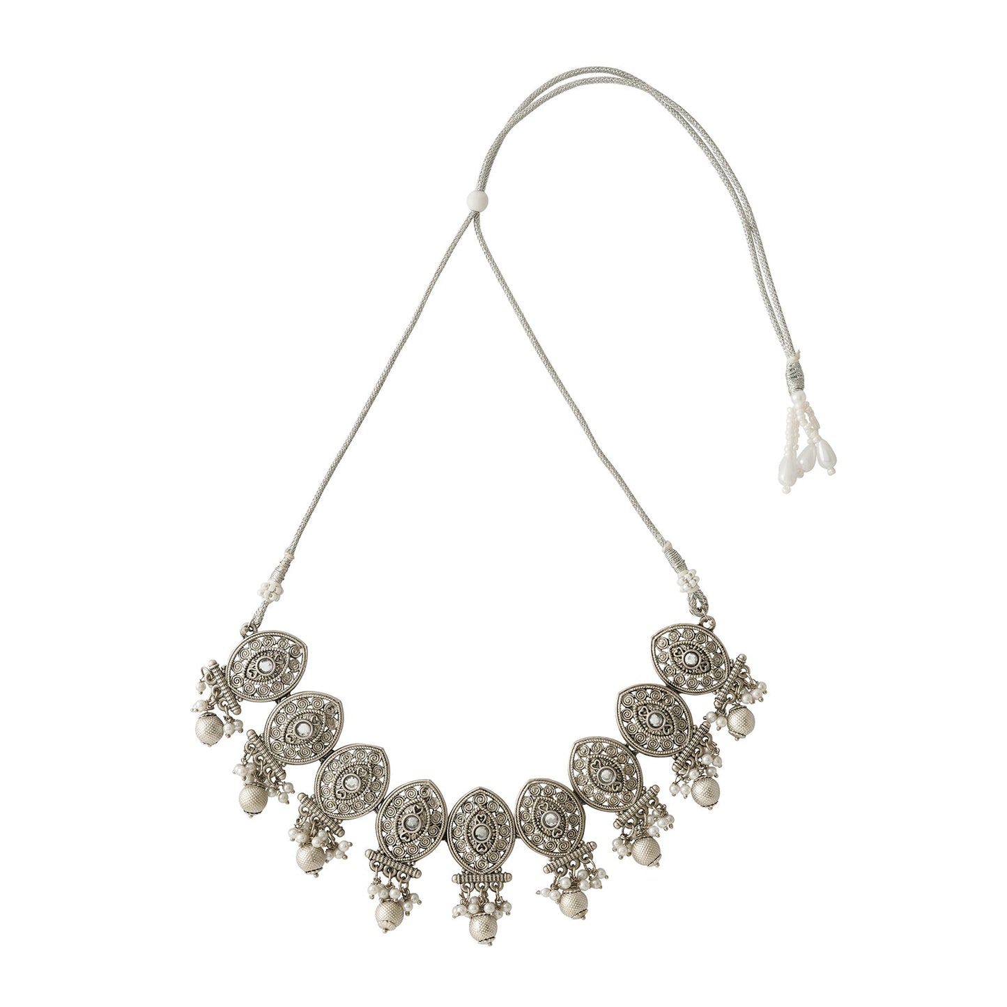 Teejh Prabhavati Silver Oxidised White Necklace Set
