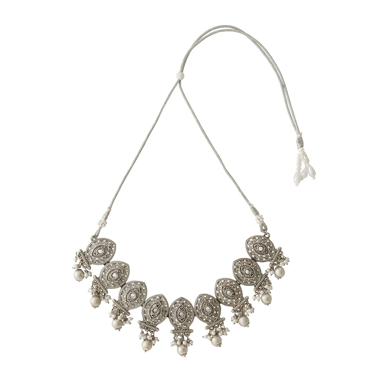 Teejh Prabhavati Silver Oxidised White Necklace Set
