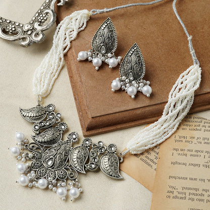 Teejh Ranakadevi Silver Oxidised White Necklace Set