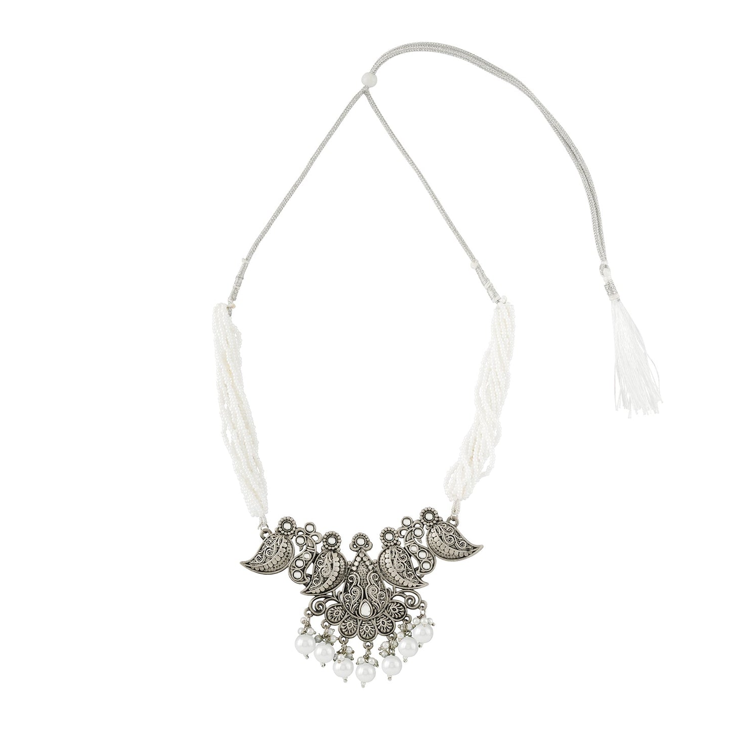 Teejh Ranakadevi Silver Oxidised White Necklace Set