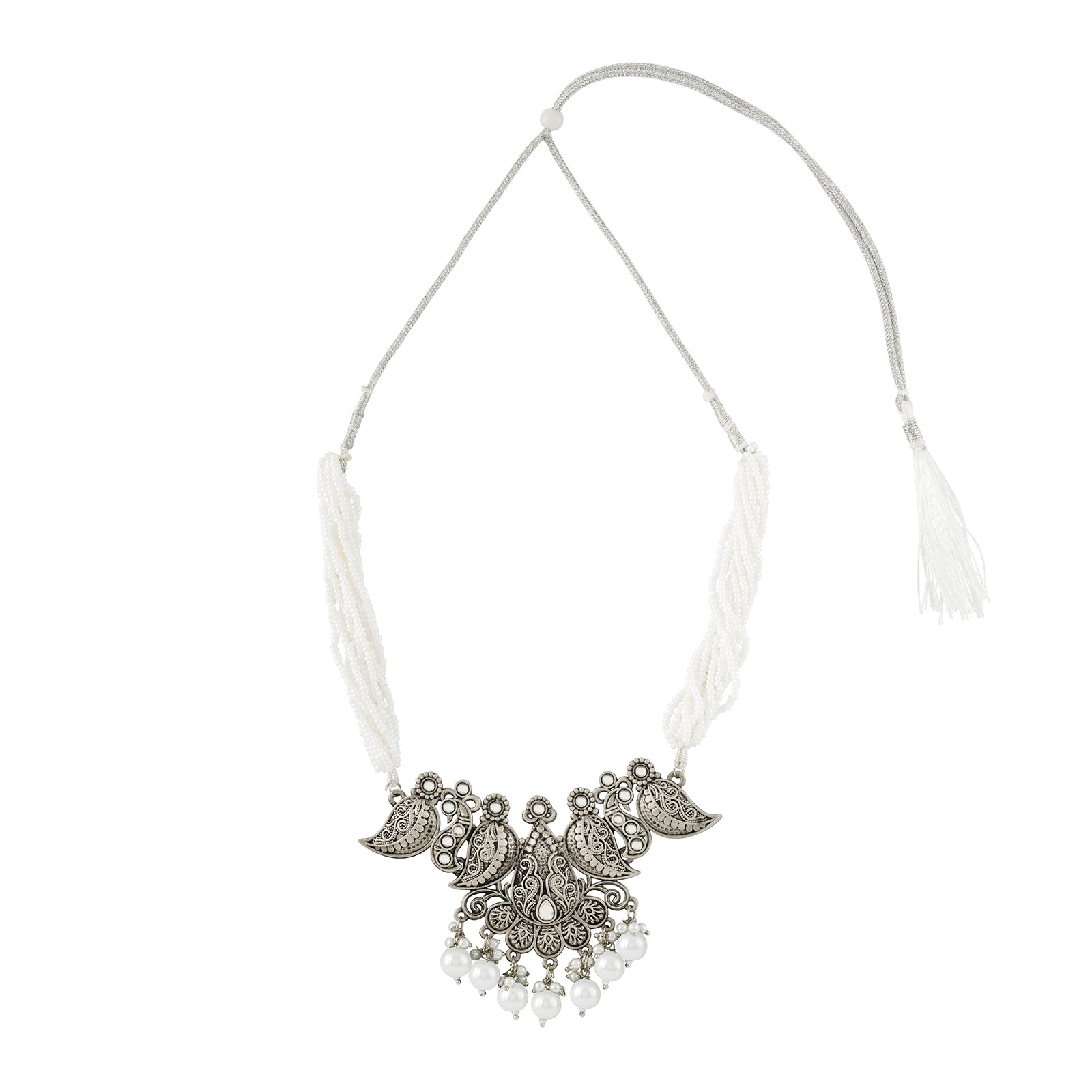 Teejh Ranakadevi Silver Oxidised White Necklace Set