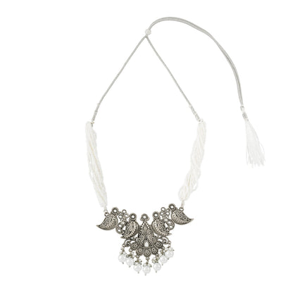 Teejh Ranakadevi Silver Oxidised White Necklace Set