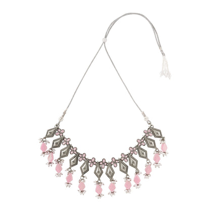 Teejh Roopmati Silver Oxidised Pink Necklace Set