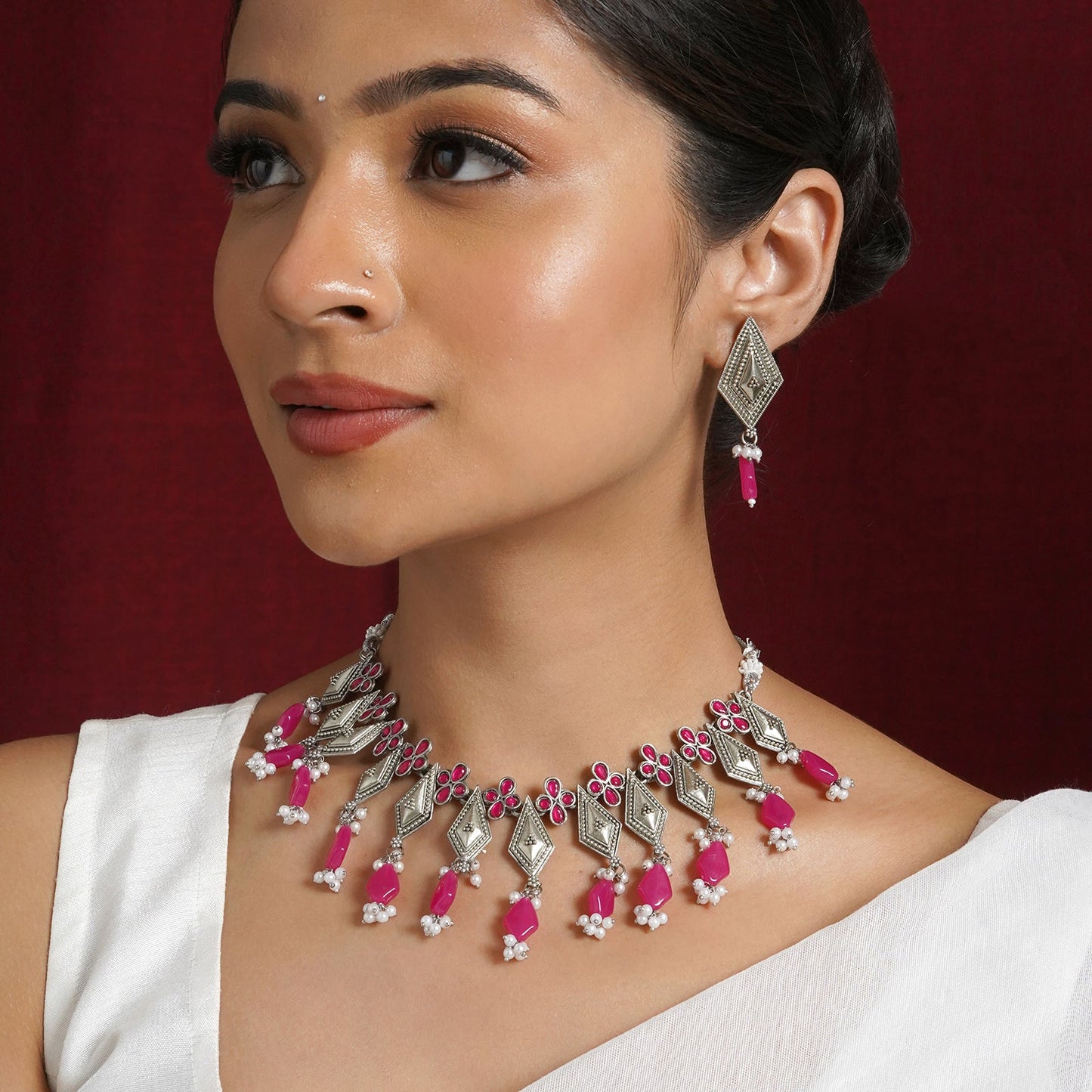 Teejh Sakina Silver Oxidised Ruby Necklace Set
