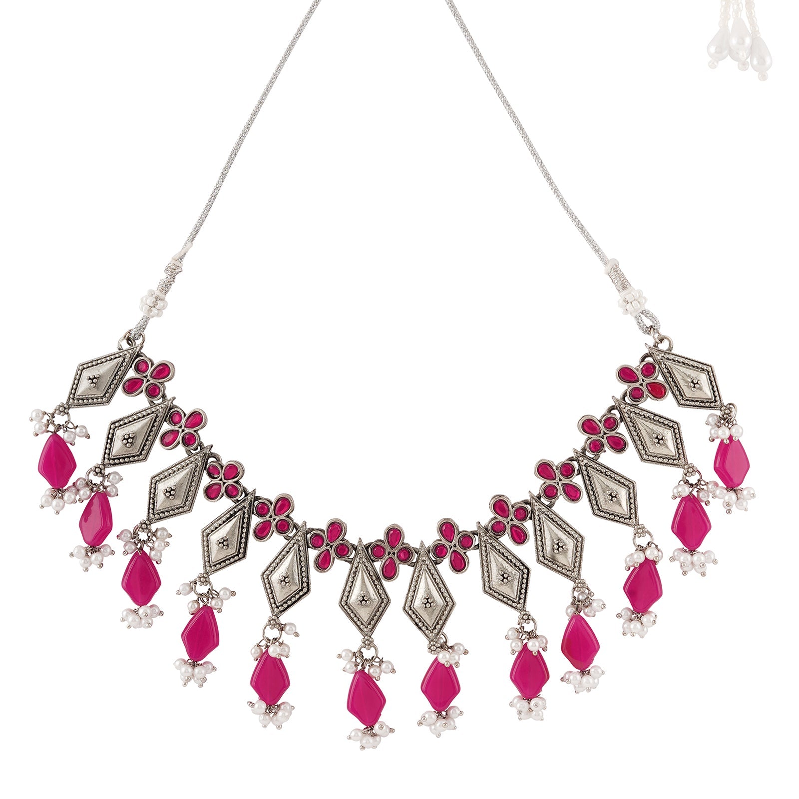Teejh Sakina Silver Oxidised Ruby Necklace Set