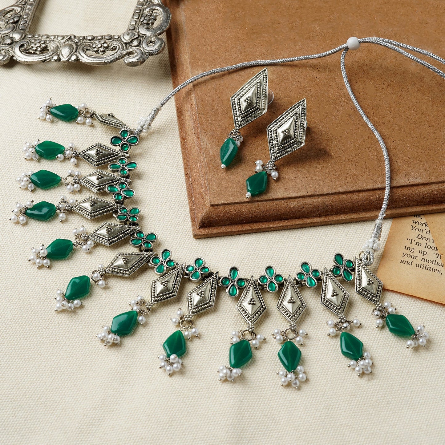 Teejh Sakvarbai Silver Oxidised Green Necklace Set