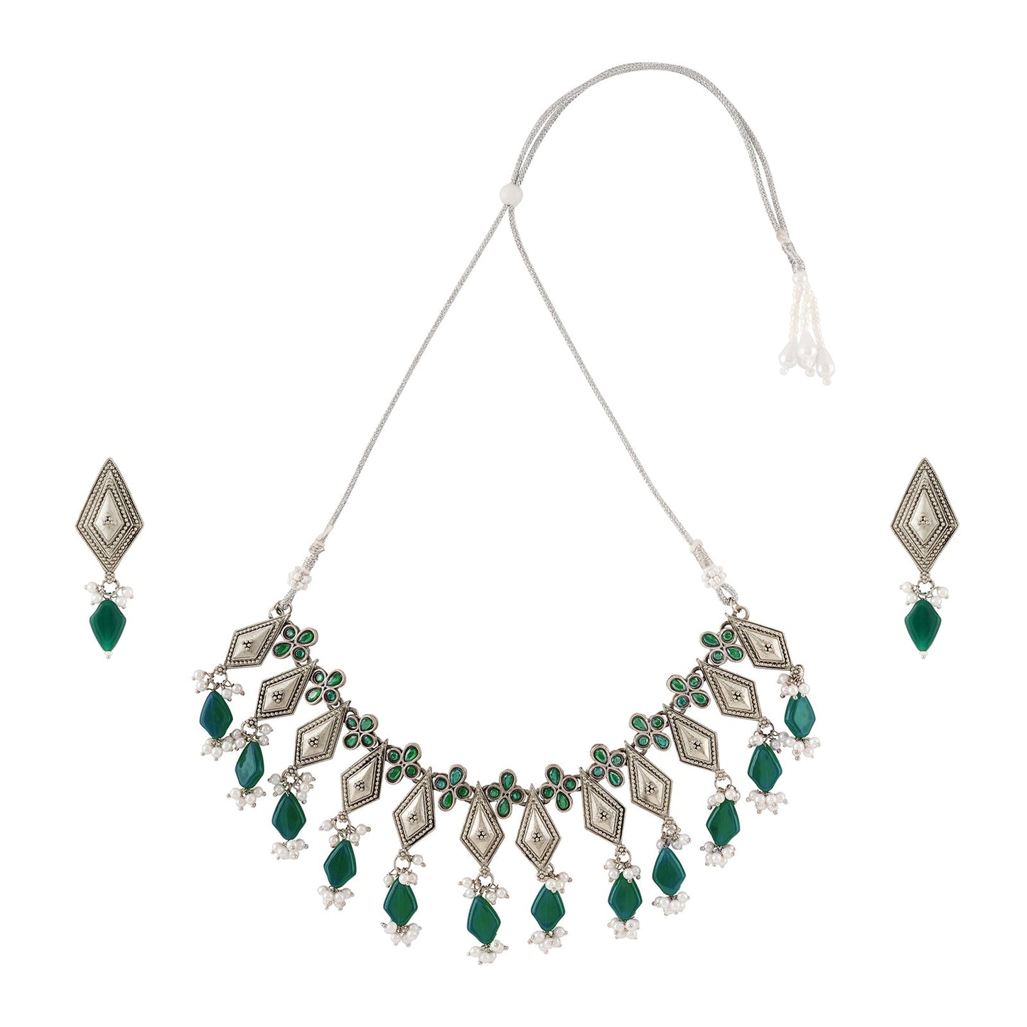 Teejh Sakvarbai Silver Oxidised Green Necklace Set