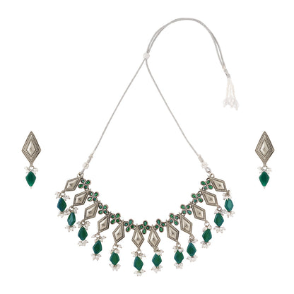 Teejh Sakvarbai Silver Oxidised Green Necklace Set